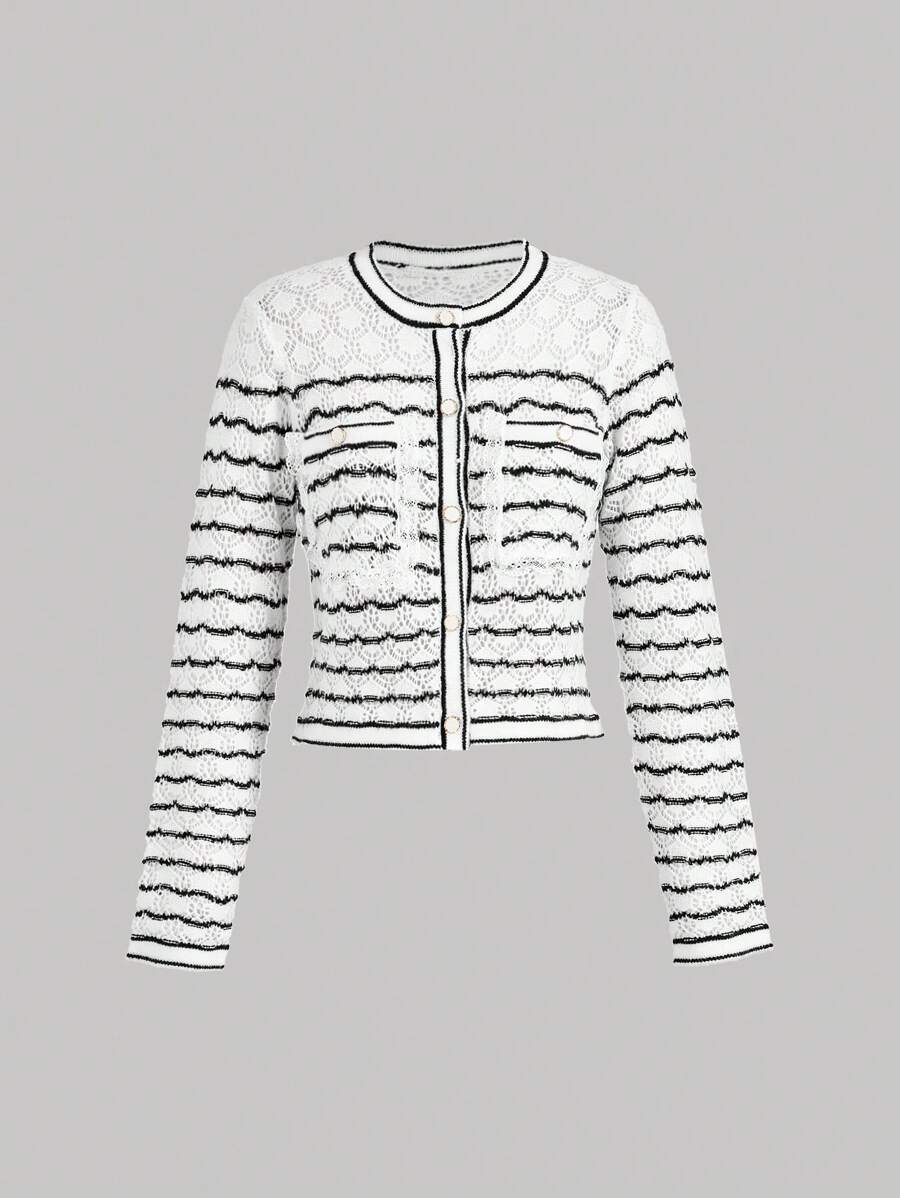 SHEIN MOD Black & White Striped Form-Fitting Round Neck Ladies Knitted Cardigan Sweater, Women's Cable Knit Long Sleeve Shrug White Knitted Sweater,Fall Clothes,
Pocket Lace,Back To School Clothes - Black and White - View 1