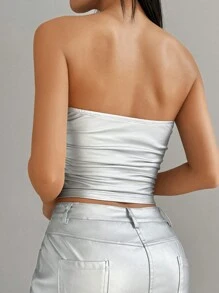 SHEIN EZwear 女士夏季裹颈针织 PU 皮革短款上衣 - 銀色 - 查看 2