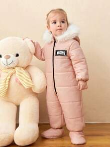 SHEIN Bộ đồ liền thân có mũ trùm đầu cho bé gái, bộ đồ liền thân dài tay màu hồng lót giữ nhiệt in chữ, thích hợp cho hoạt động ngoài trời, trượt tuyết và các dịp khác - Hồng - Xem 7