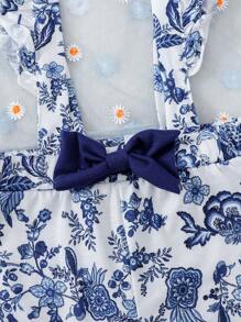 2 Stücke/Set Elegantes klassisches blaues & weißes Blumen Volant Hose Latzhose und Jumpsuit Outfit für Baby Mädchen, weicher & bequemer Stoff, super für Outdoor-Tragen