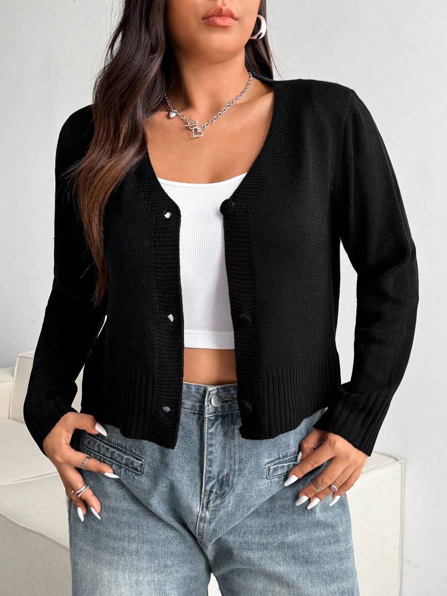 Flirla Plus Size Women Black Simple Loose Sweater Cardigan, For Winter - Black - View 1