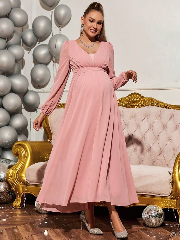 chinese dress ladies Momyknows Ruffle Off Shoulder Long Sleeve Bodycon Gender Reveal Maternity Midi Dress Apricot / L main image 0
