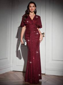 SHEIN Belle Vestido formal de noche con cuello en V y plisados para mujeres, vestido de otoño, vestido de Navidad, vestido de graduación, para invitados de boda, cena