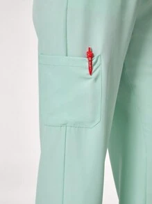 TaskEZ 女士 V 领长袖口袋上衣和裤子制服套装 - 薄荷藍 - 查看 11