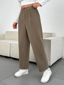 Flirla 适合办公室通勤的加大码卡其色修身九分裤 - 卡其色 - 查看 5