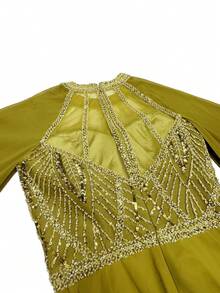 YISIKADO 奢华亮片串珠雪纺夸张袖子骨干正式晚礼服婚礼宾客晚宴宴会女士连衣裙 - 橄欖綠 - 查看 9
