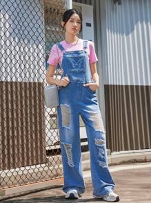 Teenager (Girls) Butterfly Print Washed Denim Bib Pants And Overalls, Casual Fashion Design
