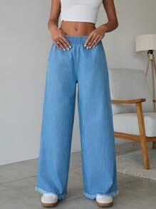 SHEIN Cottnline Pantalones sueltos de cintura alta con bolsillos, de algodón 100%, para primavera y verano, para mujer - Azul lavado medio - Ver 6