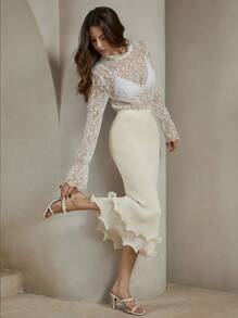 Anewsta Falda ajustada con textura y volantes elegantes en el bajo - Champán - Ver 1