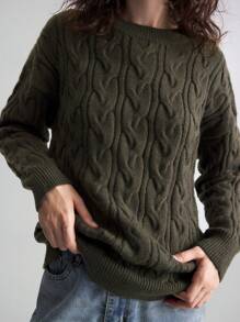 Ontre Jersey de cuello redondo de punto trenzado de color verde oliva para mujer, uniforme escolar de otoño/invierno - Verde Oliva - Ver 8