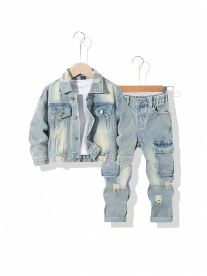 SHEIN 年轻男孩休闲牛仔装 - 新款时尚简约实用洗水牛仔套装