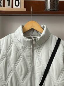 SHEIN 2 件青少年男孩休闲格子图案立领加厚保暖冬季夹克和印花斜挎包套装，适合秋冬季，百搭搭配，简约风格，保暖内衬