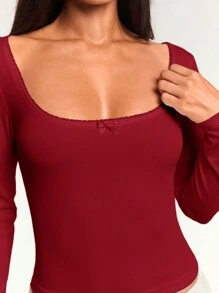 Forever 21 Women Spring & Autumn Casual Solid Color Slim Fit Cropped T-Shirt - Burgundy - View 5