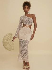 Travachic Vestido largo de punto y ganchillo calado para vacaciones, conjunto bohemio para festival de música de mujer