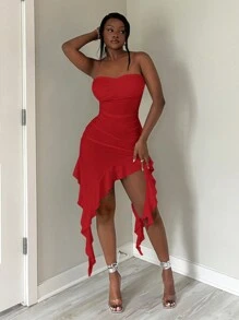 SHEIN SXY 女士简约纯色日常穿着筒状荷叶边下摆连衣裙适合约会之夜、生日、单身派对装、休闲、购物、外出、度假、海滩， - 紅色 - 查看 6