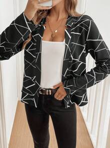 EMERY ROSE Women's Print Fitted Stretch Lightweight Jacket - Black - View 3