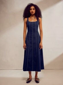 Forever 21 Vestido de línea A con cuello cuadrado de mezclilla - Azul - Ver 4