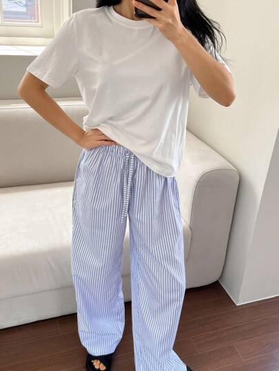 DAZY Simple T-Shirt & Striped Pants Pajama 2pcs Lounge Set, Outfits
