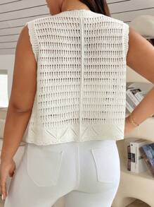 SHEIN Essnce Plus Size Women's Front Button Sleeveless Floral Pattern Casual Knit Top - White - View 2