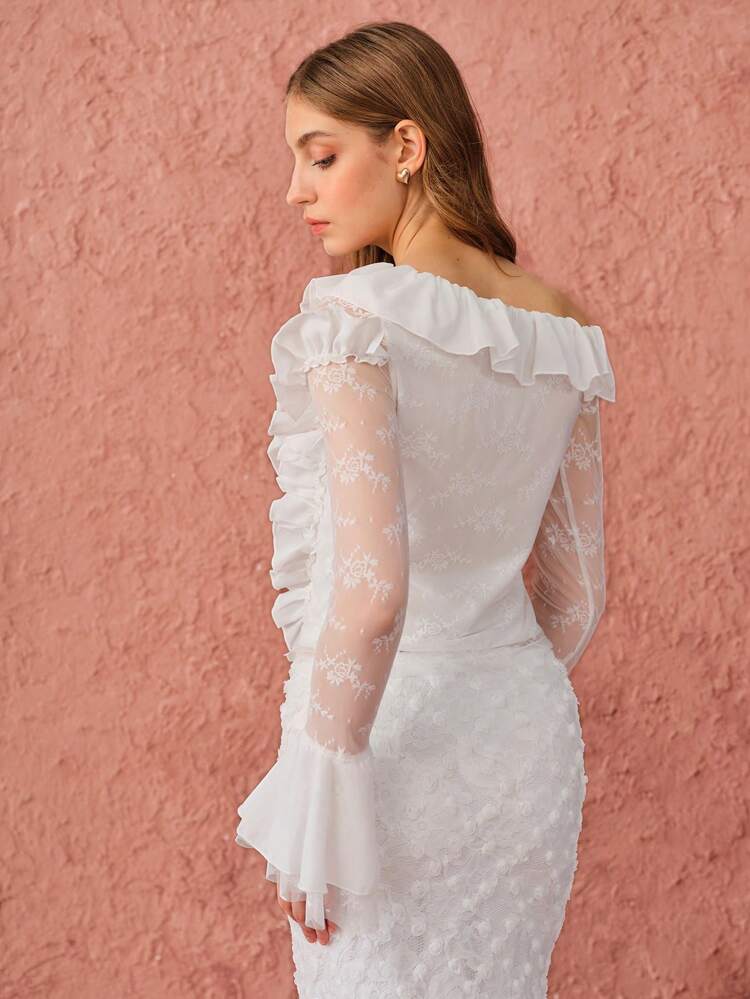 Romantic Fall Holiday White Lace Trim Long Sleeve 3D Flower Sweet Ruffle Blouse