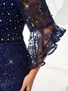 Glamrae Váy dạ hội đuôi cá tay bèo ren đính hạt và đá Rhinestone cỡ lớn, Đầm dạ hội thanh lịch, Đầm dự tiệc cưới, Đầm dự tiệc cưới, Tốt nghiệp, Tiệc tối - Xanh đậm - Xem 5