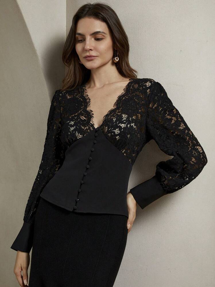Anewsta بلوزة نسائية مزينة بالدانتيل على الرقبة على شكل حرف V وخصر مشدود، مناسبة لمناسبات رأس السنة والربيع والصيف وعيد الحب، باللون الأسود والطباعة الجرافيكية، للحفلات - الأسود - مشاهدة 4