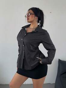 POPSWAY Plus Size Spring & Autumn Casual Striped Waist Shirt Fall Cloth For Women - Multicolor - View 4