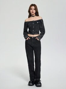 SHEIN Explorewe 2pcs Vintage Streetwear Teen Girls Set: Denim Off-Shoulder Crop Top & All-Match Loose Straight Leg Jeans - Black - View 9