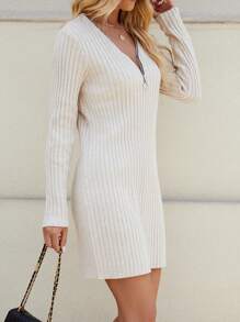 Calvaya Vestido de punto con cuello en V profundo y cremallera, de unicolor y estilo casual para mujer