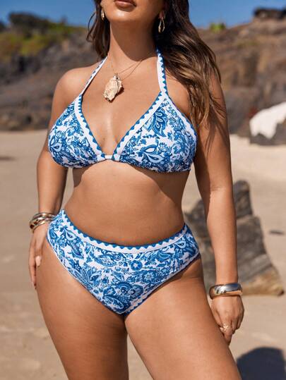 Swim Vcay Plus Size Halter Neck Tied Back Allover Print Bikini Top And Bottom Swimwear Set Summer