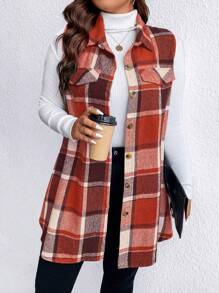 SHEIN Chaleco casual de mujer de talla grande sin mangas con botones delanteros, bolsillo falso a cuadros, para otoño e invierno - Naranja Quemada - Ver 5