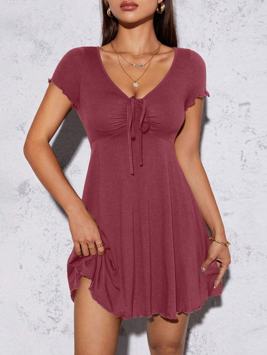 SHEIN PETITE Lettuce Trim Drawstring Knot Front Summer Women Outfit Black Dress - Redwood - View 1