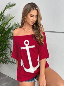 INAWLY 女士夏季锚印花露肩休闲 T 恤图案 T 恤女式上衣 - 紅色 - 查看 5