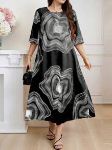 大码圆领中袖全印花长款休闲连衣裙 - 黑色 - 查看 1