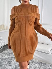 SHEIN Clasi Plus Size Women Camel Open Shoulder 2 In 1 Lantern Sleeve Elegant Casual Thanksgiving Warm Sweater Dress