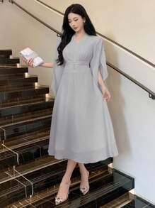 DAZY Vestido midi de chifón fruncido con escote en V para mujeres, vestido para cumpleaños, Año Nuevo o baile de gala