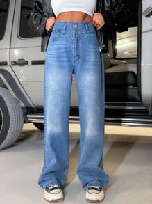 RueChic WIDE LEG HIGH WAIST BELT DETAIL JEANS - Medium Wash - View 5