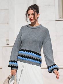 EURMUSE 女士提花印花精致舒适柔软毛衣 - 灰色 - 查看 1