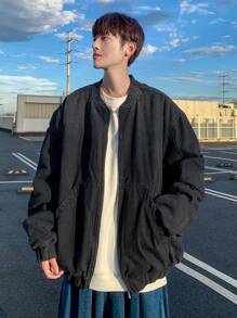Manfinity Hypemode Men's Black Washed Plain Casual Dark Denim Thermal Lined Baseball Jacket, For Going Out - Dark Grey - View 7