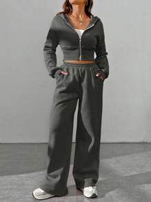 SHEIN EZwear Wiosenna modna bluza z kapturem i spodniami z zamkiem błyskawicznym z przodu, dwuczęściowy zestaw dla kobiet