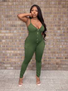 Slaydiva Women's Casual Solid Color Slim Fit Sleeveless Jumpsuit, Spring And Summer - Army Green - View 3