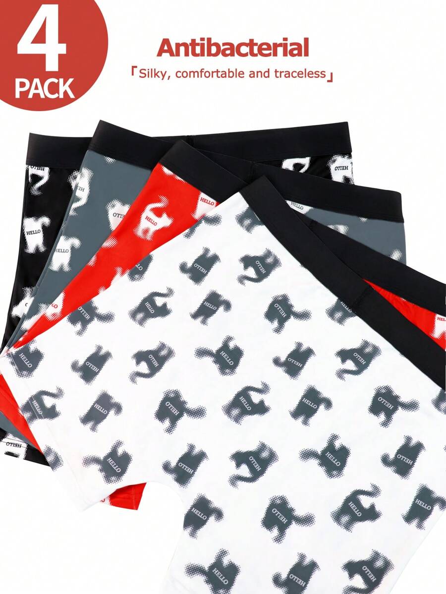 4pcs/Pack Men's Cat Printed Boxer Briefs - Multicolor - View 1