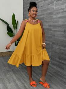 Slaydiva Vestido de verano holgado de línea A con correa de cadena casual de talla grande - Mostaza Amarilla - Ver 4