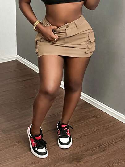 Slaydiva Casual Street/Streetwear For Women/Gyaru Solid Color Khaki Cargo Pocket Mini Skirt