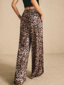 Poéselle Pantalones casuales de mujer con estampado de leopardo y anudado delantero, pantalones palazzo