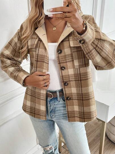 SHEIN LUNE Abrigo de lana con capucha y botones con estampado de cuadros para mujer