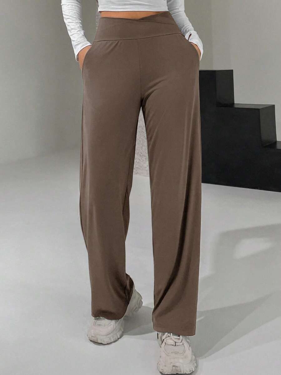 DAZY Women High-Waisted Cropped Wide Leg Pants With Crossed Waistline Summer - Coffee Brown - View 1