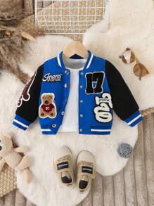 男婴字母与泰迪熊印花长袖休闲棒球夹克，春秋 - 藍色 - 查看 1