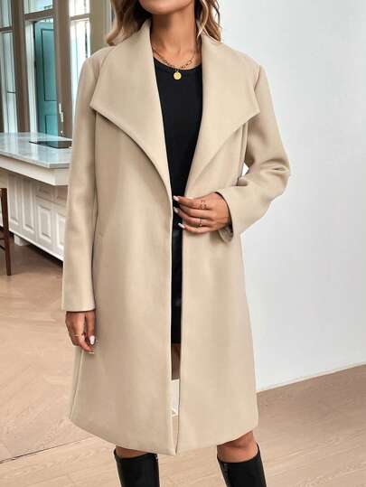 SHEIN LUNE Autumn & Winter Belted Mid-Length Collared Simple Casual Work Uniform Coat For Women