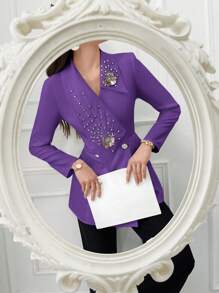 Modelyn Women's Spring Autumn Rhinestone-Studded Single Breasted Elegant Office Blazer - Purple - View 3